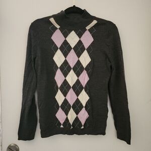 100% Wool Japanese Lightweight Argyle Mock Neck Sweater, Small